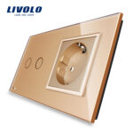 Intrerupator dublu cap scara / cap cruce + priza simpla Livolo rama din sticla