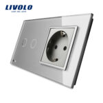 Intrerupator dublu cap scara / cap cruce + priza simpla Livolo rama din sticla