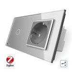 Intrerupator simplu cap scara / cap cruce ZigBee + priza simpla Livolo ZigBee, Rama din sticla, Control de pe telefon