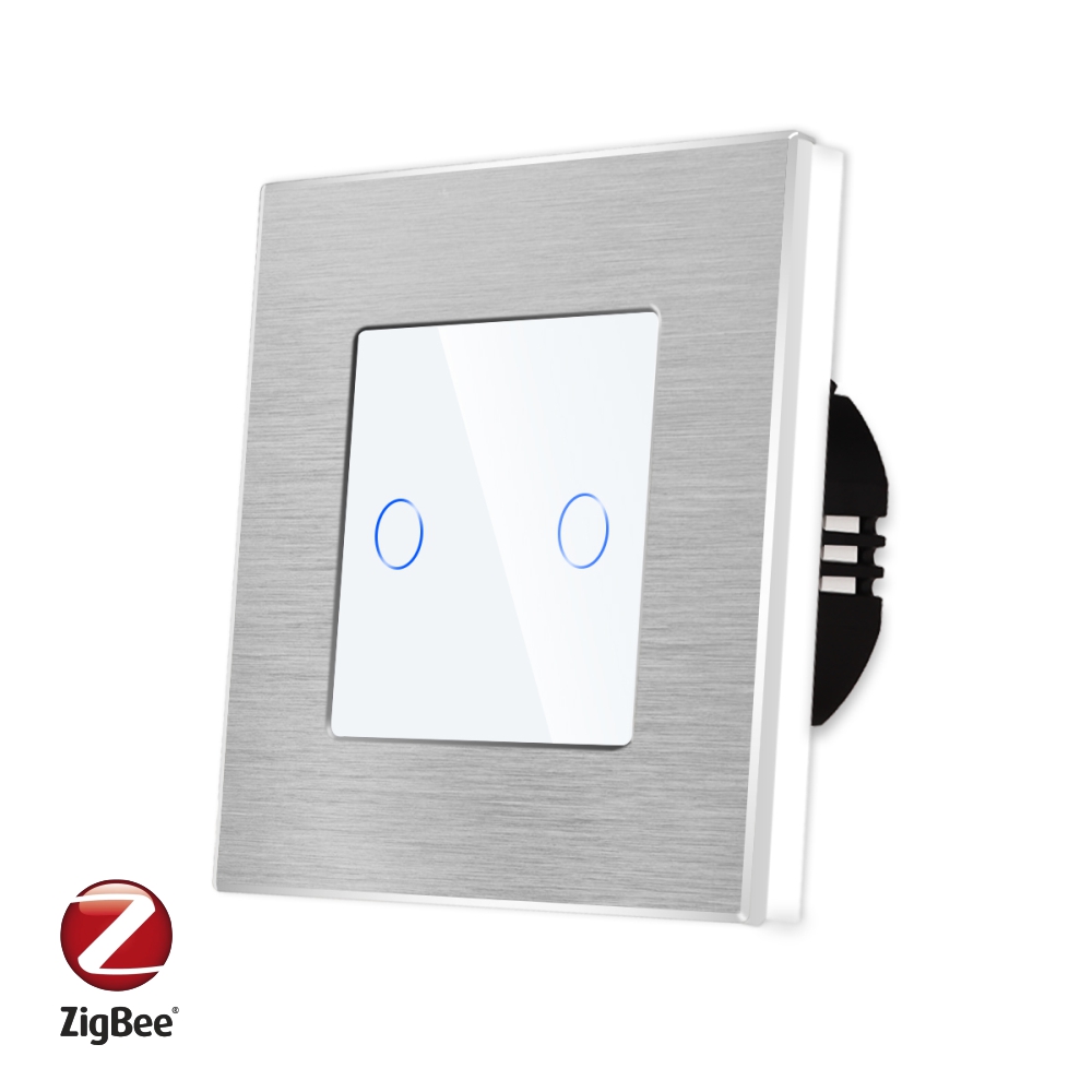 001-in1-3-2.jpg Intrerupator Dublu cu Touch din Sticla si Rama de Aluminiu LUXION, protocol ZigBee - imagine 1