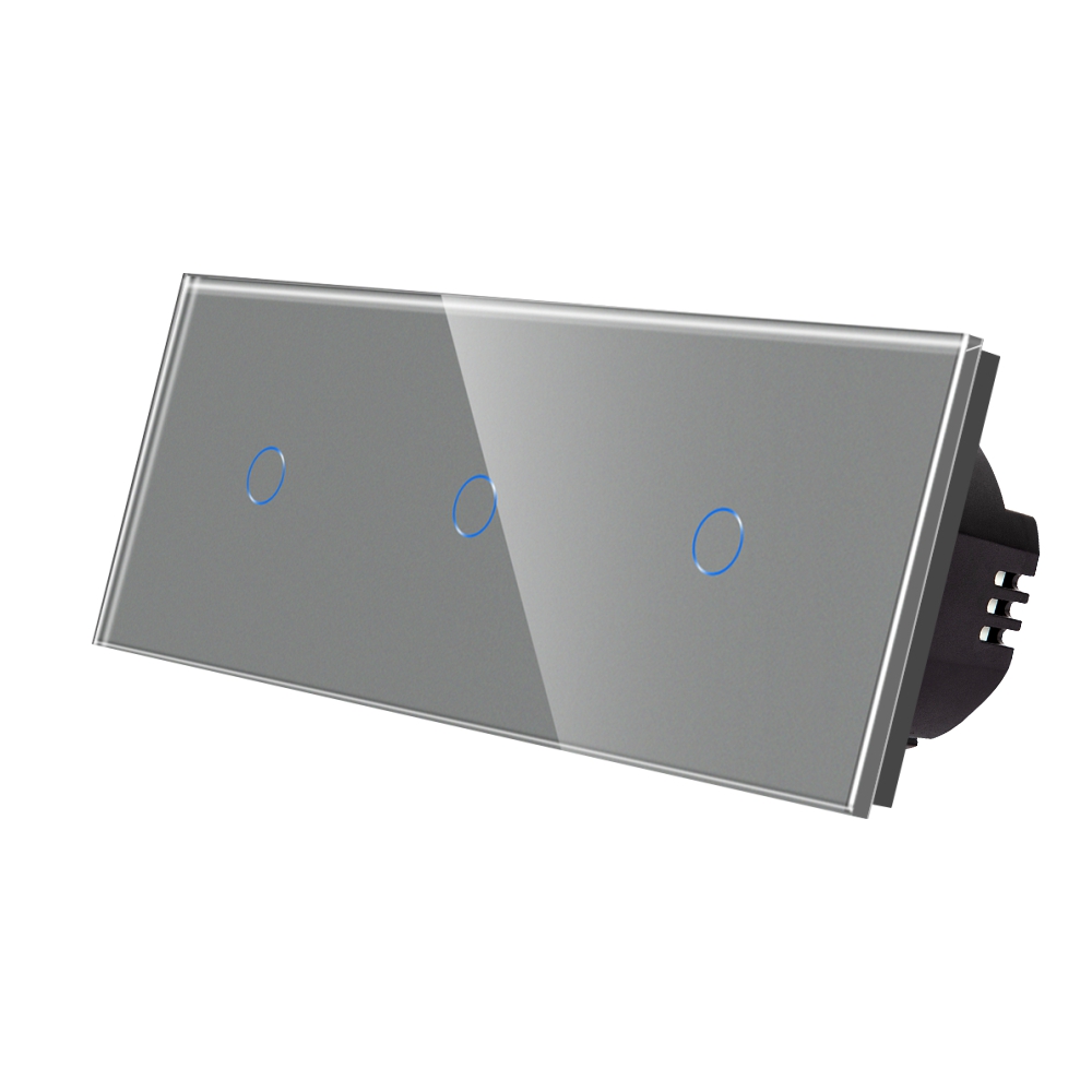 001-luxion-lx-st-101-101-101-gy-gri.jpg Intrerupator Simplu + Simplu + Simplu cu Touch din Sticla LUXION - imagine 1