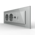 Priza Tripla cu Blank Livolo cu Rama din Sticla 2 Prize Schuko+TV/internet, Standard Italian - Serie Noua