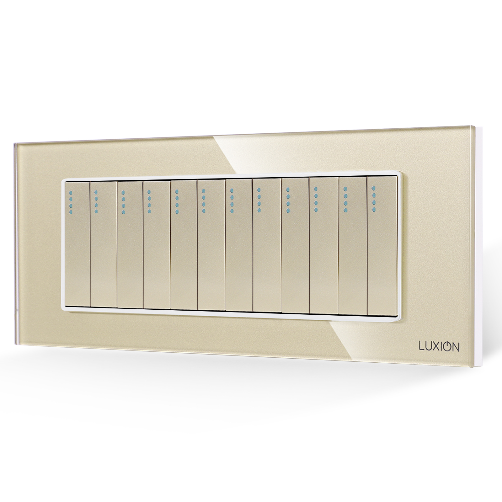 01-intrerupator-mecanic-12-posturi-luxion-italian-auriu.jpg Intrerupator Mecanic 12 Posturi LUXION cu Rama din Sticla, Standard Italian, 6M - imagine 1