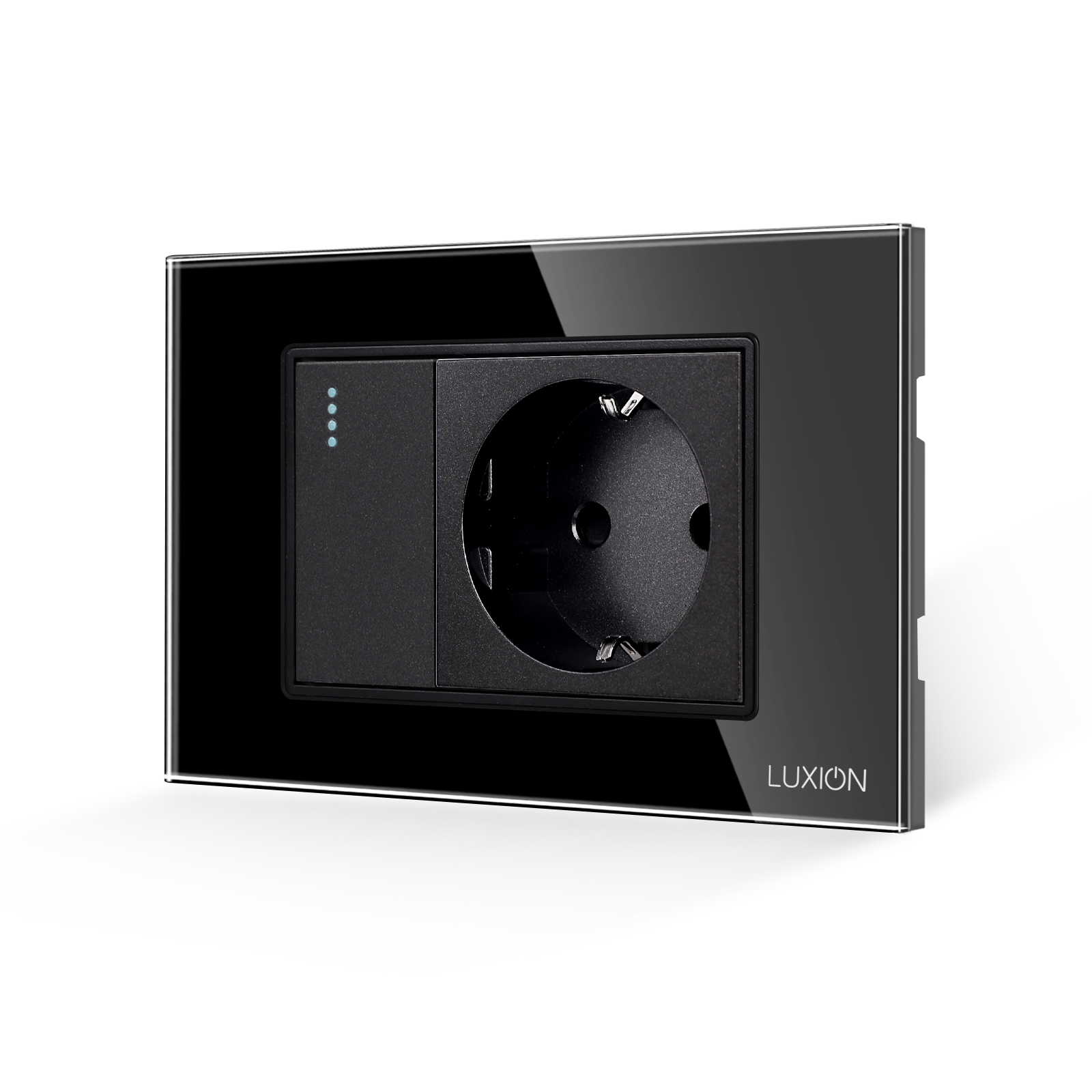 01-intrerupator-simplu-cu-priza-rama-sticla-luxion-italian-3m-negru.jpg Intrerupator Simplu + Priza cu Rama din Sticla LUXION, Standard Italian, 3M - imagine 1