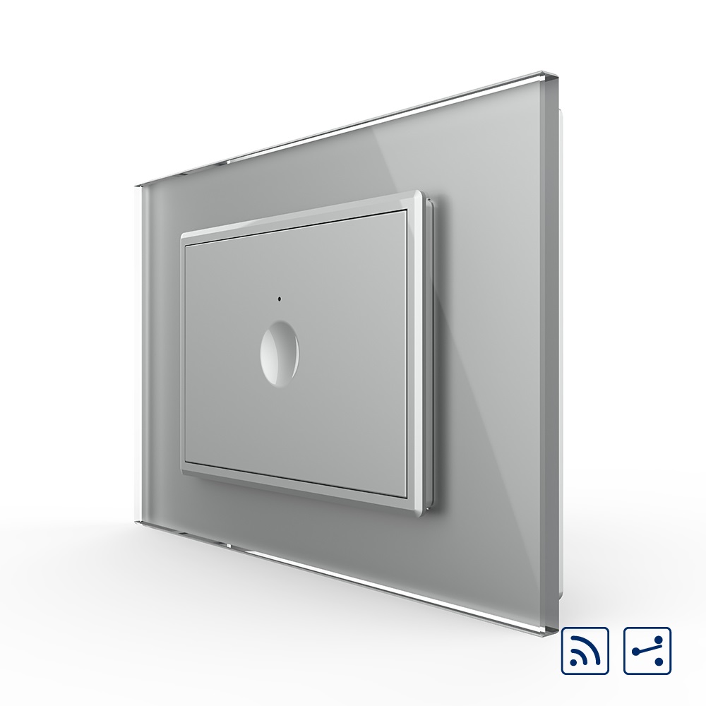 01-intrerupator-simplu-livolo-cap-scara-wireless-gri.jpg Intrerupator simplu cap scara / cap cruce wireless cu touch Livolo cu rama din sticla, standard Italian - Serie noua - imagine 1