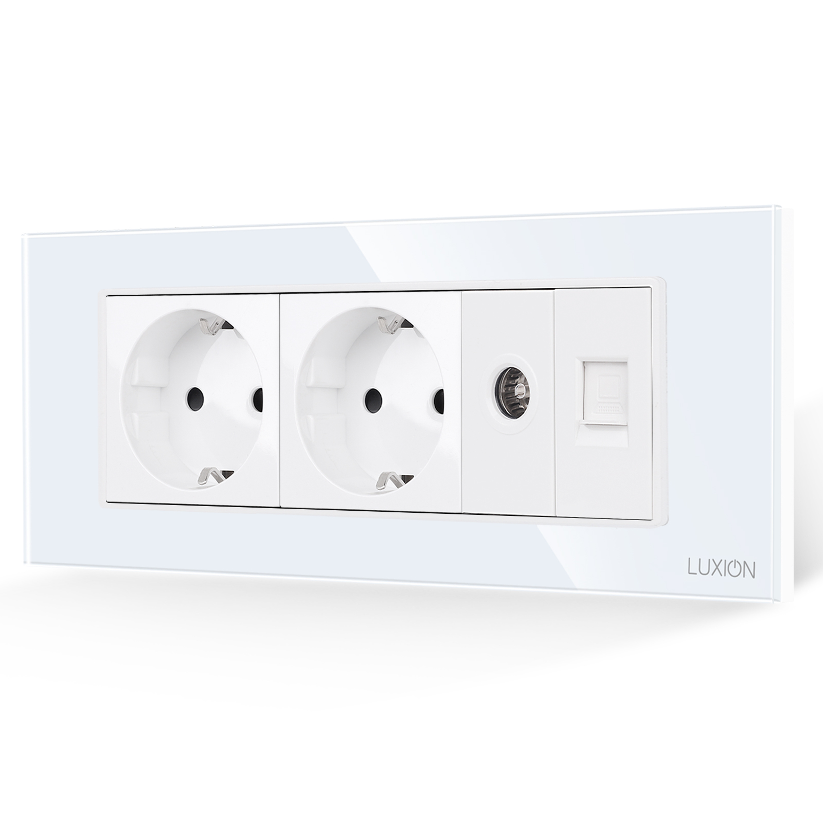 01-priza-dubla-schukotvinternet-luxion-italian-alb.jpg Priza Dubla Schuko + TV + Internet cu Rama din Sticla LUXION, Standard Italian, 6M - imagine 1