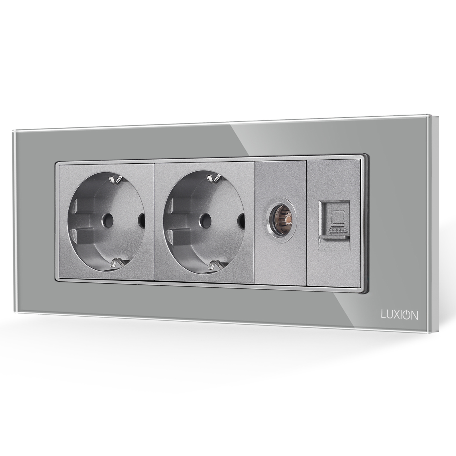 01-priza-dubla-schukotvinternet-luxion-italian-gri.jpg Priza Dubla Schuko + TV + Internet cu Rama din Sticla LUXION, Standard Italian, 6M - imagine 1