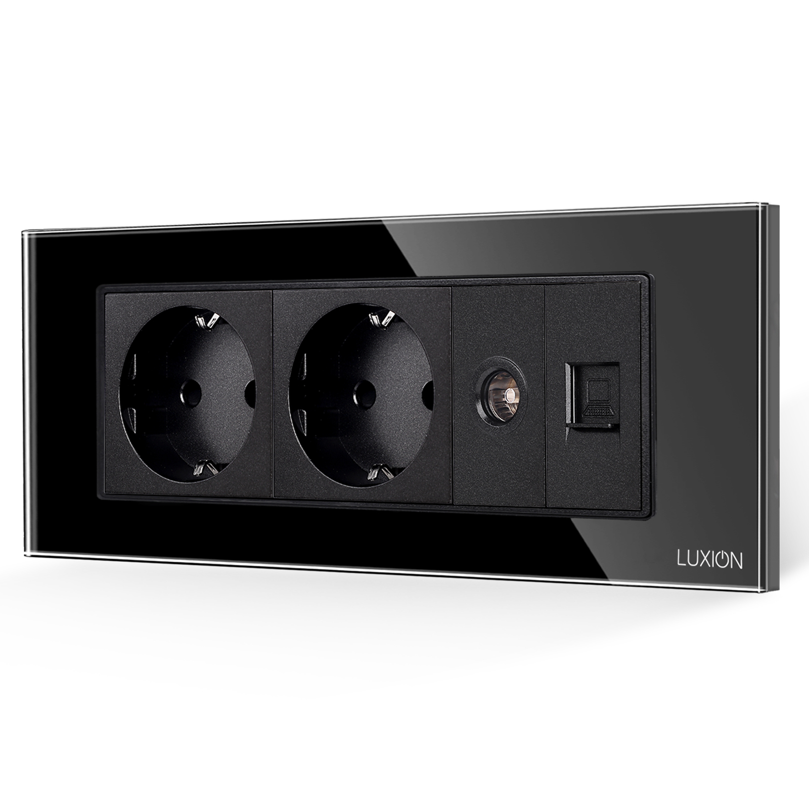01-priza-dubla-schukotvinternet-luxion-italian-negru.jpg Priza Dubla Schuko + TV + Internet cu Rama din Sticla LUXION, Standard Italian, 6M - imagine 1