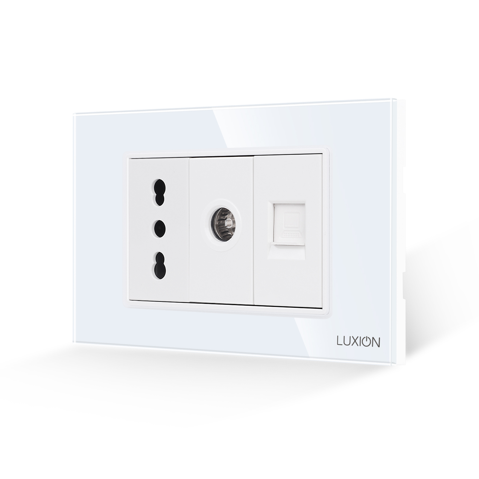 01-priza-ingusta-tv-internet-sticla-luxion-standard-italian-3m-alb.jpg Priza Ingusta + TV + Internet cu Rama din Sticla LUXION, Standard Italian, 3M - imagine 1