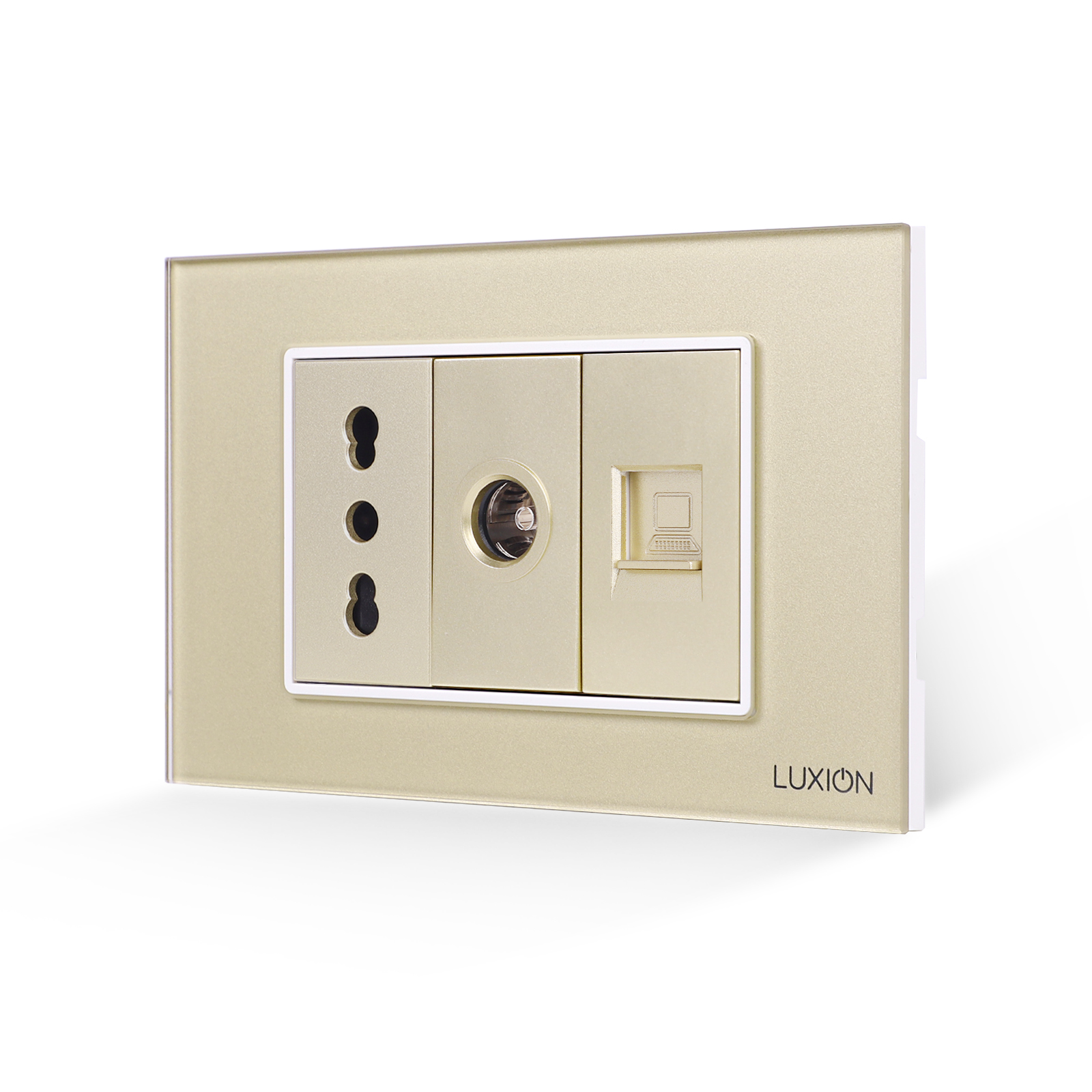 01-priza-ingusta-tv-internet-sticla-luxion-standard-italian-3m-auriu.jpg Priza Ingusta + TV + Internet cu Rama din Sticla LUXION, Standard Italian, 3M - imagine 1