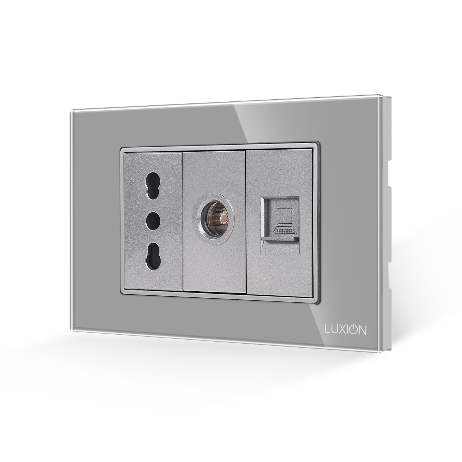 01-priza-ingusta-tv-internet-sticla-luxion-standard-italian-3m-gri.jpg Priza Ingusta + TV + Internet cu Rama din Sticla LUXION, Standard Italian, 3M - imagine 1