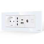 Priza Schuko + Ingusta + Dubla USB + TV + Internet cu Rama Din Sticla LUXION, Standard Italian, 6M