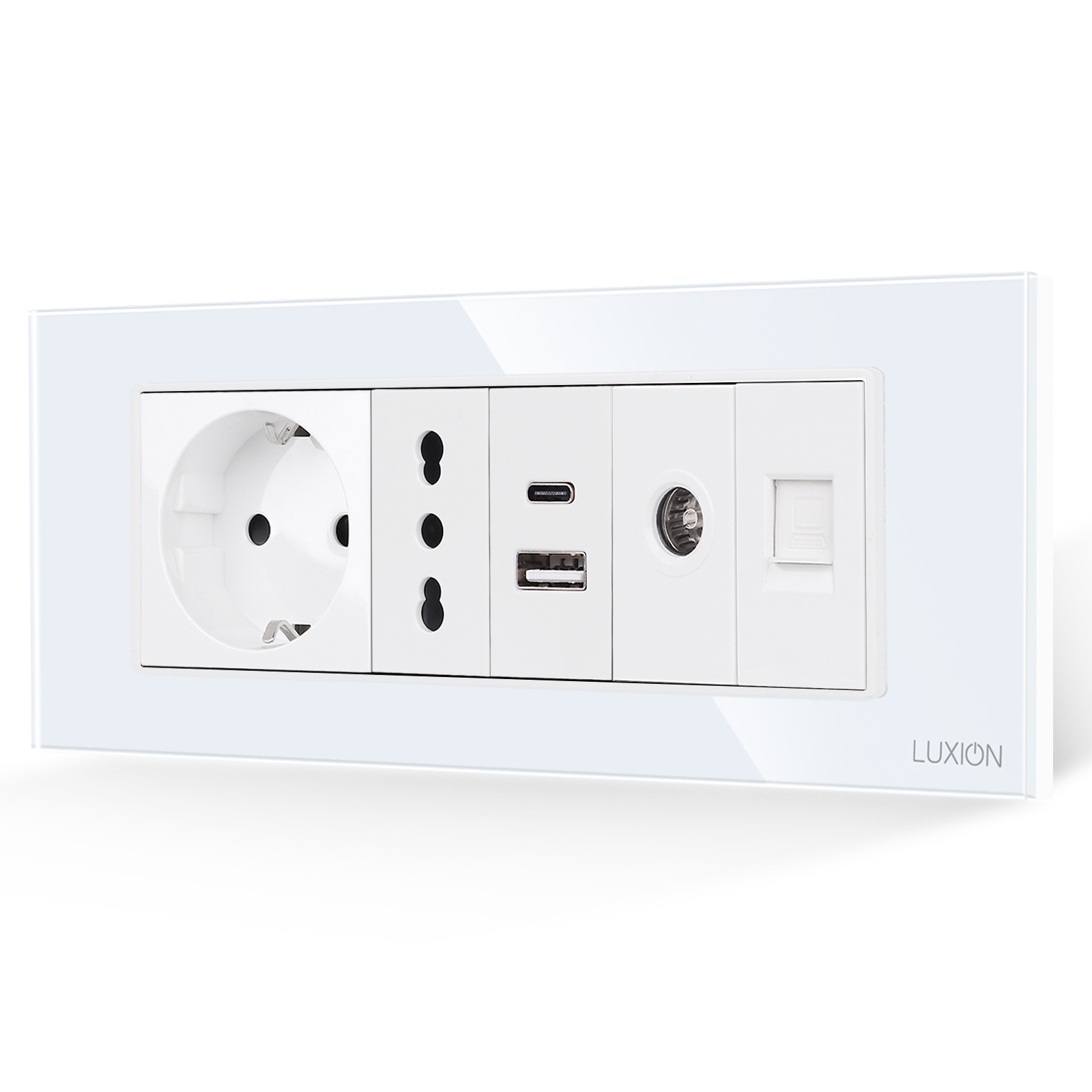 01-priza-schuko-ingusta-usb-tv-internet-luxion-sticla-6m-alb.jpg Priza Schuko + Ingusta + Dubla USB + TV + Internet cu Rama Din Sticla LUXION, Standard Italian, 6M - imagine 1