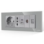 Priza Schuko + Ingusta + Dubla USB + TV + Internet cu Rama Din Sticla LUXION, Standard Italian, 6M