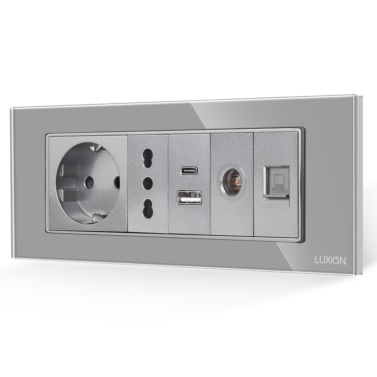 01-priza-schuko-ingusta-usb-tv-internet-luxion-sticla-6m-auriu.jpg Priza Schuko + Ingusta + Dubla USB + TV + Internet cu Rama Din Sticla LUXION, Standard Italian, 6M - imagine 1