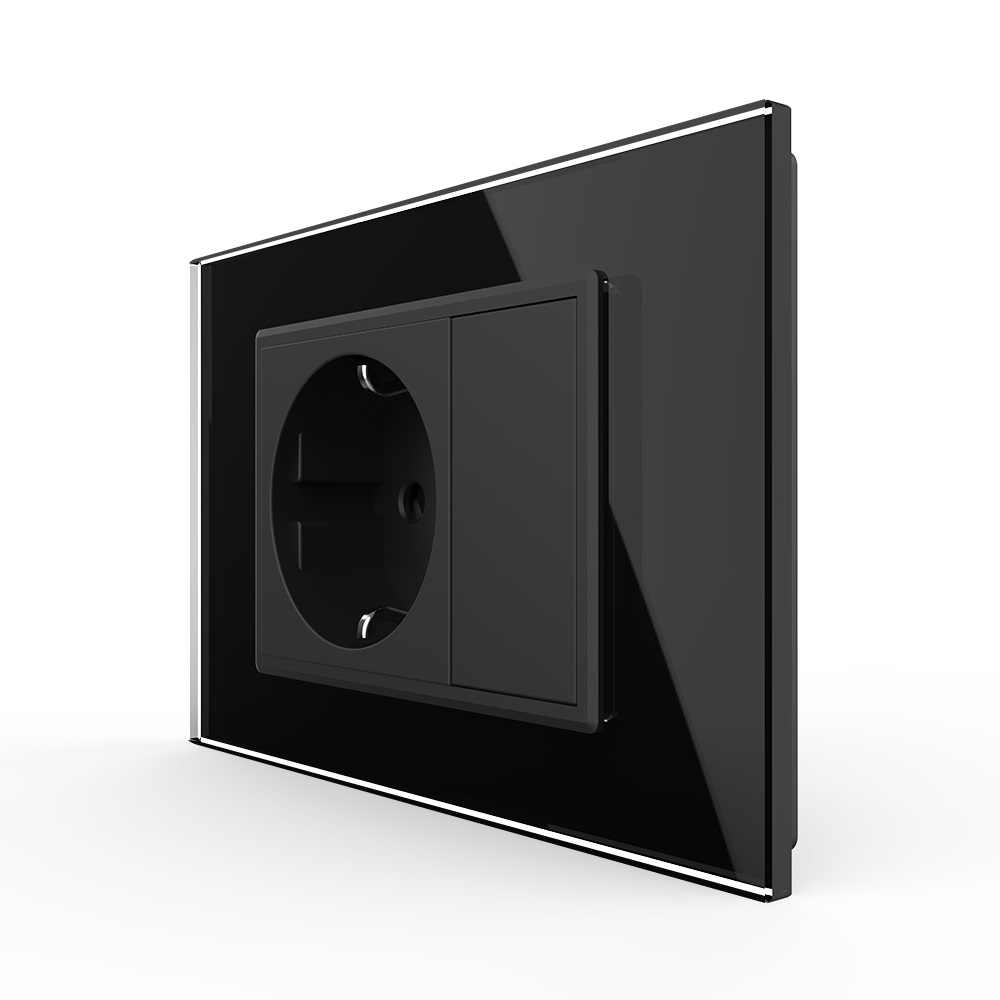 01-priza-simpla-rama-sticla-italian-3-module-negru.jpg Priza simpla cu blank Livolo cu rama din sticla 3M, standard Italian, Serie noua - imagine 1