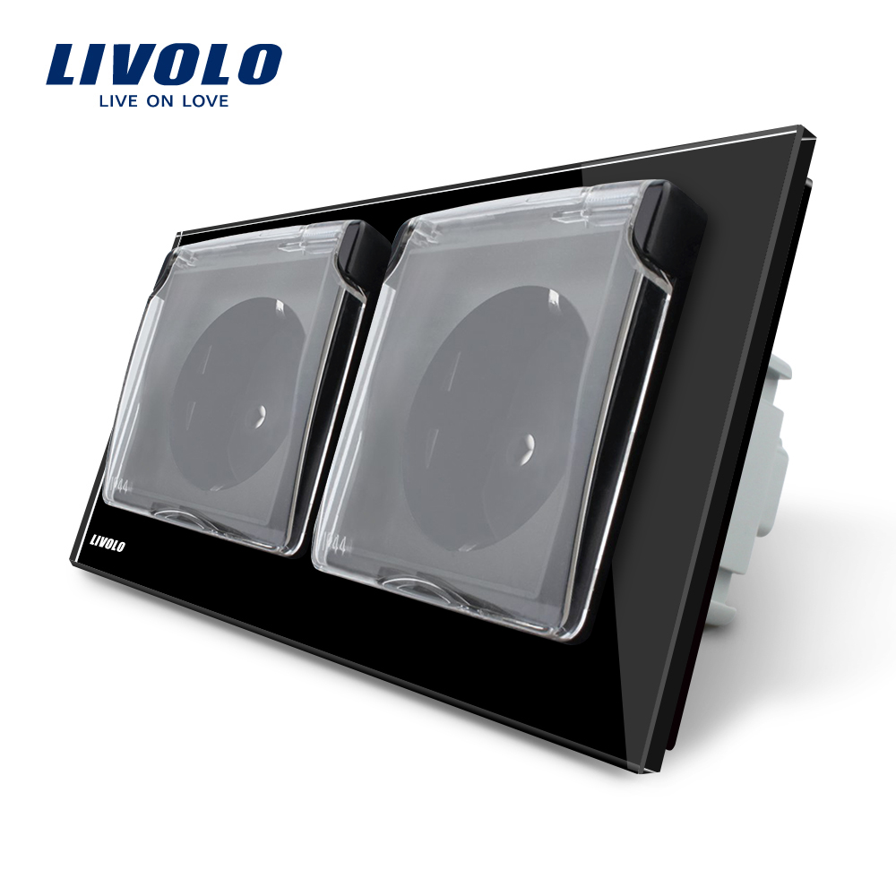 01-vl-c7c2euwf-12-livolo-priza-dubla-neagra-rezistent-la-apa-medii-umede.jpg Priza dubla Livolo cu rama din sticla si capac de protectie rezistent la apa - imagine 1