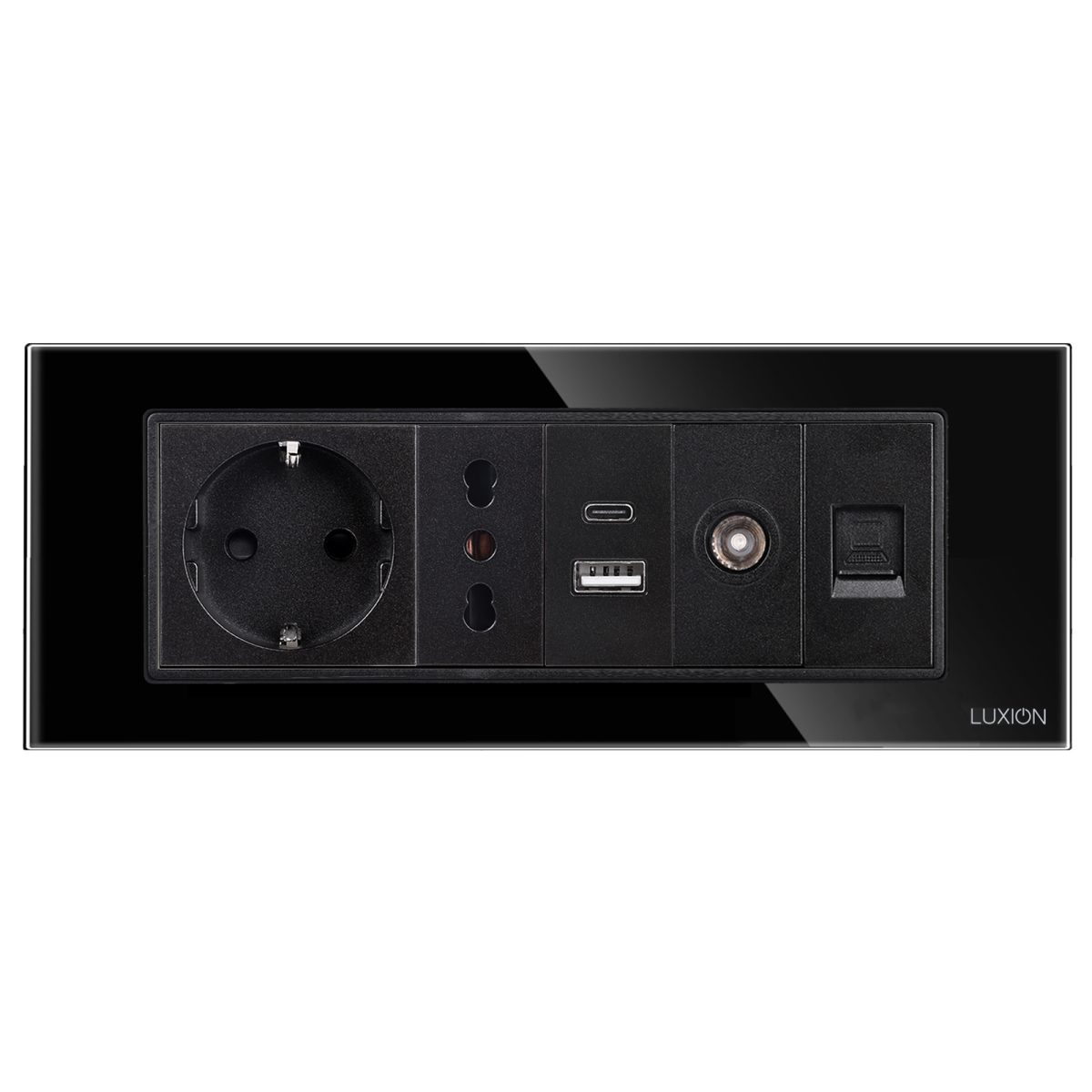 Priza Schuko + Ingusta + Dubla USB + TV + Internet cu Rama Din Sticla LUXION, Standard Italian, 6M - imagine 2