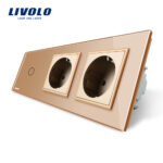 Intrerupator LIVOLO simplu cap scara / cap cruce cu touch si 2 prize din sticla