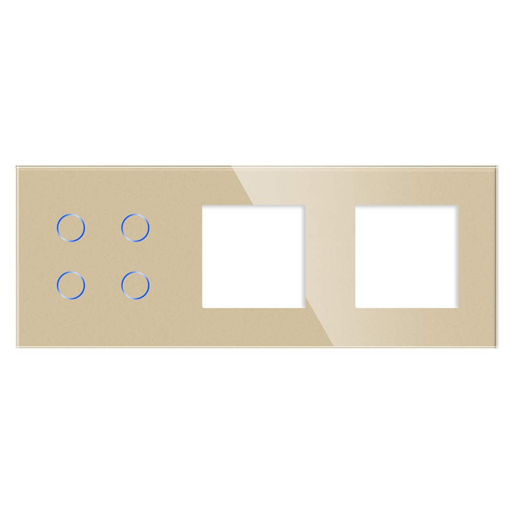 panou-intrerupator-cvadruplu-2-prize-luxion-auriu.jpg Panou Intrerupator Cvadruplu cu Touch si 2 Prize Simple Din Sticla LUXION - imagine 1