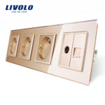 Priza cvadrupla Livolo cu rama din sticla 3 prize simple+TV/internet