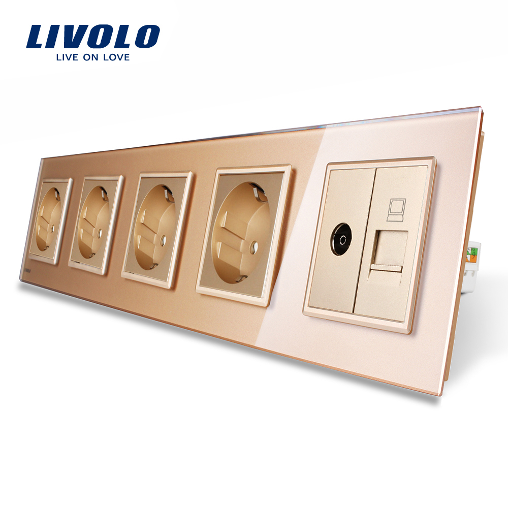 priza-cvintupla-priza-tv-internet-livolo-auriu.jpg Priza cvintupla + priza TV Internet Livolo cu rama din sticla - imagine 1