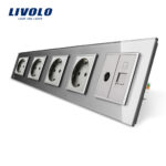 Priza cvintupla + priza TV Internet Livolo cu rama din sticla