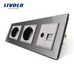 Priza tripla Livolo cu rama din sticla 2 prize simple+TV/internet
