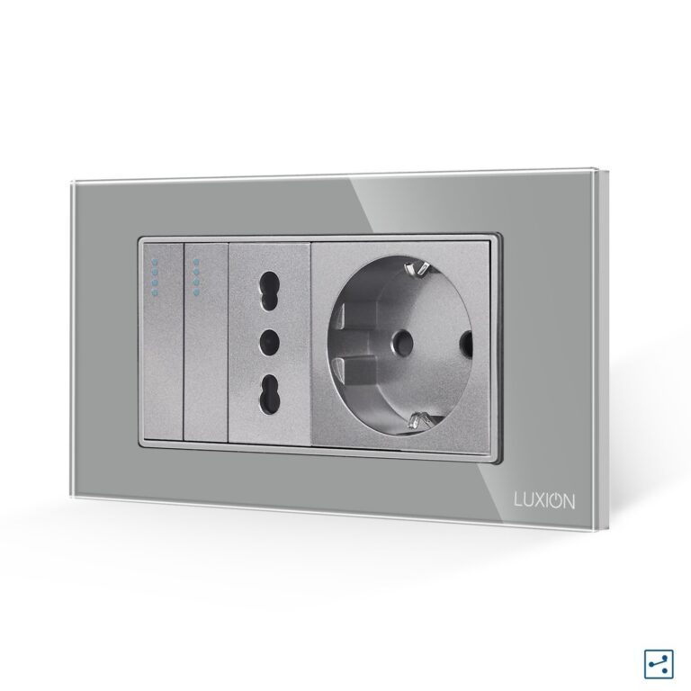 Intrerupator Dublu Cap Scara + Priza Ingusta + Priza Schuko cu Rama din Sticla LUXION, Standard Italian, 4M