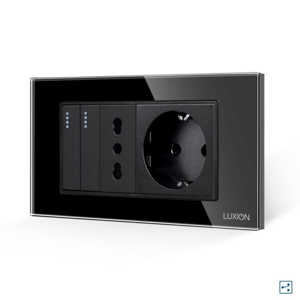 Intrerupator Dublu Cap Scara + Priza Ingusta + Priza Schuko cu Rama din Sticla LUXION, Standard Italian, 4M