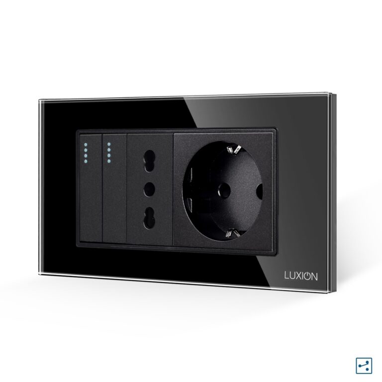 Intrerupator Dublu Cap Scara + Priza Ingusta + Priza Schuko cu Rama din Sticla LUXION, Standard Italian, 4M