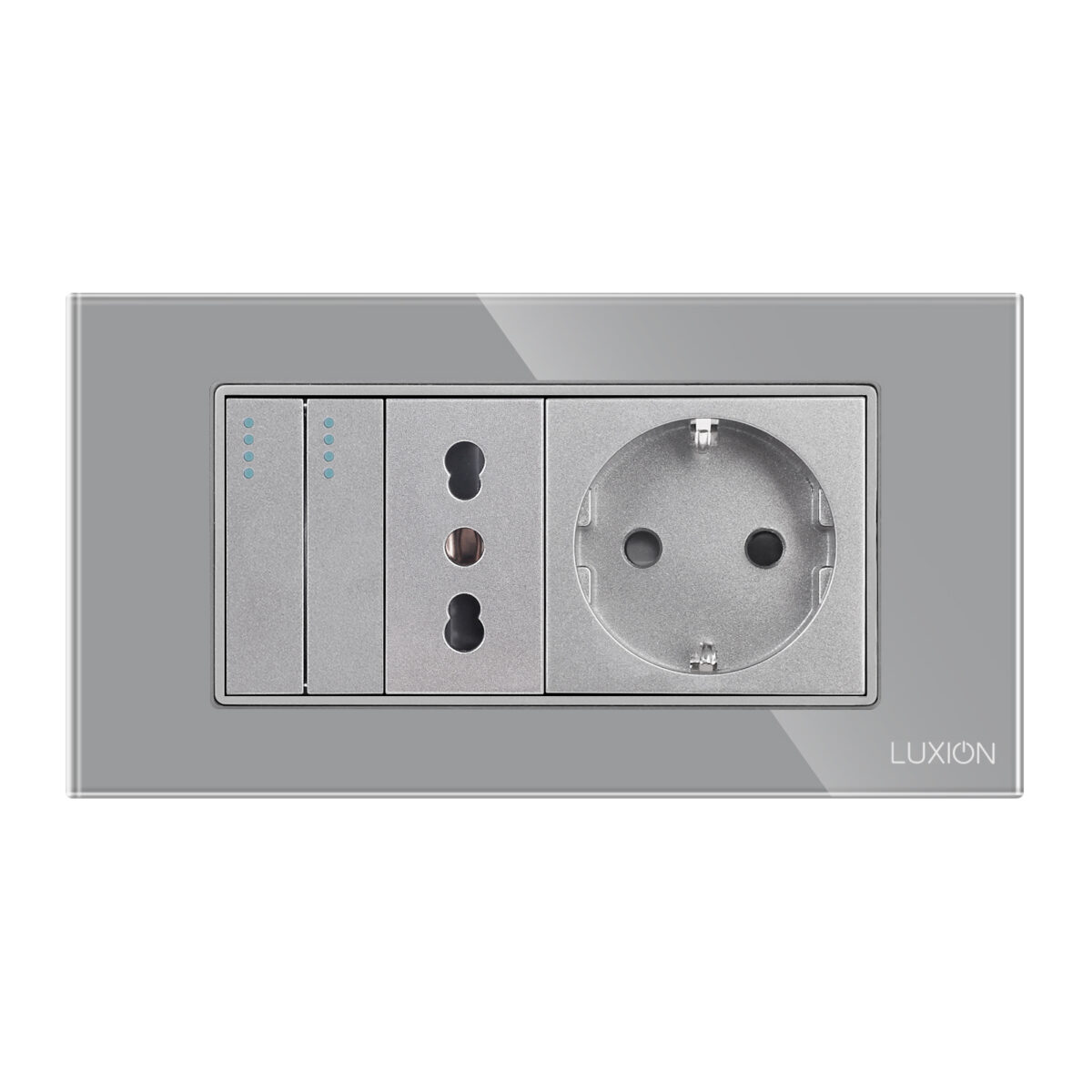 Intrerupator Dublu Cap Scara + Priza Ingusta + Priza Schuko cu Rama din Sticla LUXION, Standard Italian, 4M