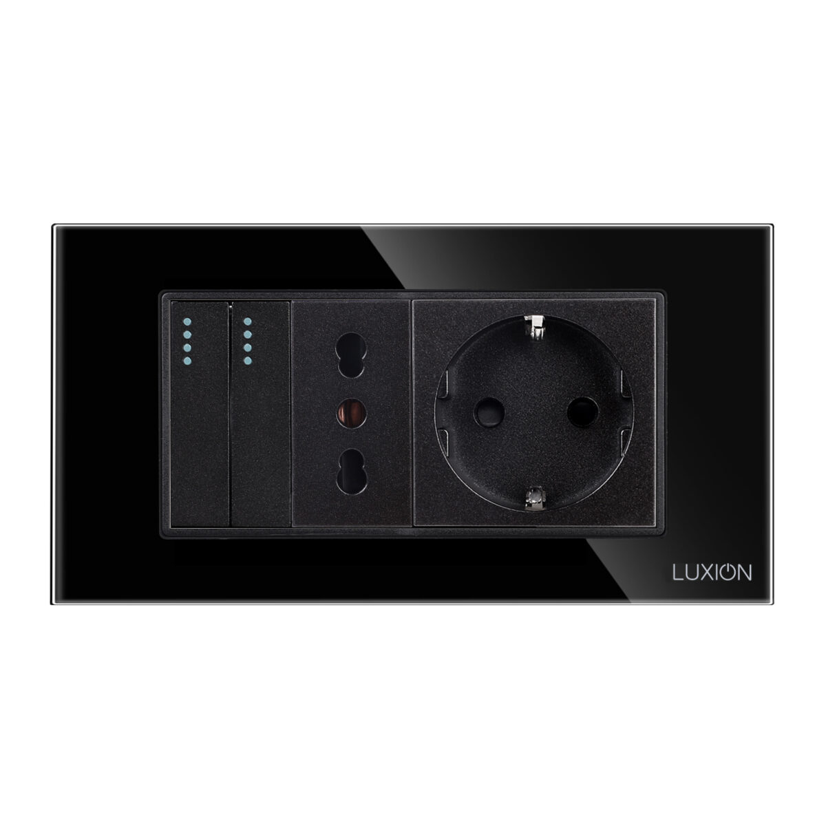 Intrerupator Dublu Cap Scara + Priza Ingusta + Priza Schuko cu Rama din Sticla LUXION, Standard Italian, 4M