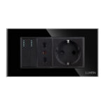 Intrerupator Dublu Cap Scara + Priza Ingusta + Priza Schuko cu Rama din Sticla LUXION, Standard Italian, 4M